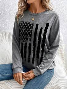 SHEIN LUNE Áo nỉ cổ tròn in hình quốc kỳ tối giản giản dị, dáng rộng, cỡ lớn - Màu Xám nhạt - Xem 1