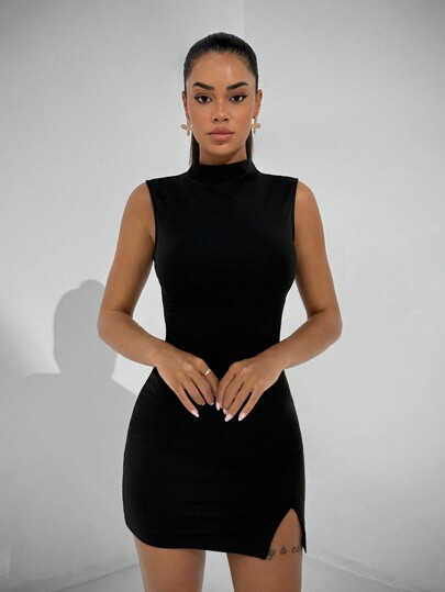 SHEIN BAE Women's Autumn/Winter Minimalist Stand Collar Sleeveless Slit Bodycon Mini Dress, All-Match & Versatile,Summer Dresses For Women