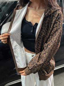 DAZY Sudadera con capucha con cremallera de manga larga y estampado de leopardo, forrada térmicamente - Marrón - Ver 1