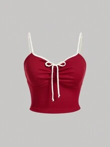 SHEIN MOD Áo thun tay dài họa tiết nơ khối màu đỏ cỡ lớn phong cách lãng mạn cổ điển, áo lót dành cho nữ, mùa thu/đông - Đỏ - Xem 1