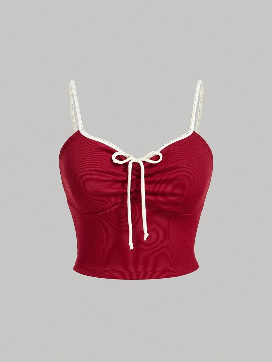 SHEIN MOD Áo thun tay dài họa tiết nơ khối màu đỏ cỡ lớn phong cách lãng mạn cổ điển, áo lót dành cho nữ, mùa thu/đông - Đỏ - Xem 1