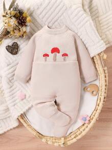 SHEIN 2pcs/Set Baby Girls Knit Sweater Jumpsuit Set, Long Sleeve Mushroom Pattern Jumpsuit, Comfortable And Warm, Suitable For Autumn Winter, Beige And Apricot Color, Casual Daily Wear For Toddler - Apricot - View 1