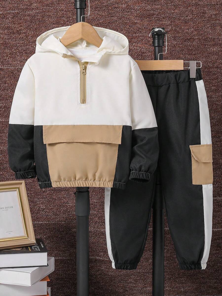 SHEIN 2 件套年轻男孩撞色连帽半拉链夹克和口袋裤休闲装 - 米色 - 查看 1