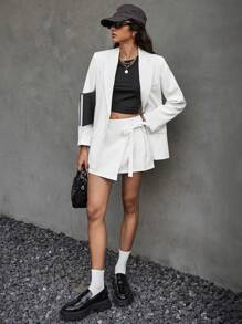 SHEIN Frenchy Bộ đồ vest blazer dài tay màu trơn cho nữ và váy thắt nút - Màu be - Xem 4