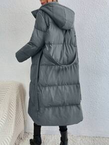 SHEIN Frenchy Áo khoác dài có mũ trùm đầu, thắt lưng, đệm dày màu trơn cho mùa thu/đông - Xám - Xem 2