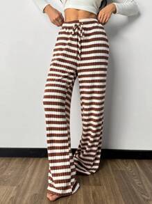 SHEIN Essnce Pantalones informales con bolsillos y nudo delantero a rayas - Rojo y blanco - Ver 6