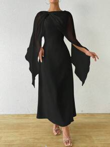 Chiquease Shiny Chiffon Collar Dress, Casual Daily - Black - View 6