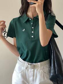 DAZY 女士夏季马匹印花短袖 Polo 领休闲 T 恤 复活节 - 墨綠色 - 查看 7