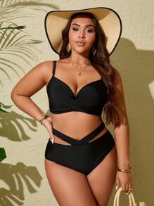Plus Size Zomer Strand Effen Kleur Ondersteunende Spaghetti Bandjes Uitgehold Vakantie Bikini Set