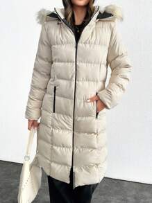 SHEIN Tall Women's Zip-Up Puffer Jacket With Fluffy Hem And Hood - Beige - View 6