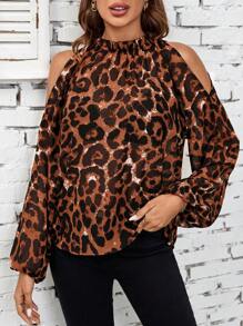 SHEIN Clasi Women's Leopard Print Off Shoulder Long Sleeve Casual Blouse, Spring Autumn - Rust Brown - View 6