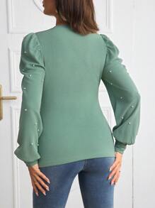 SHEIN Maternity Pearl Beaded Puff Sleeve Knit Fitted Top - Green - View 2