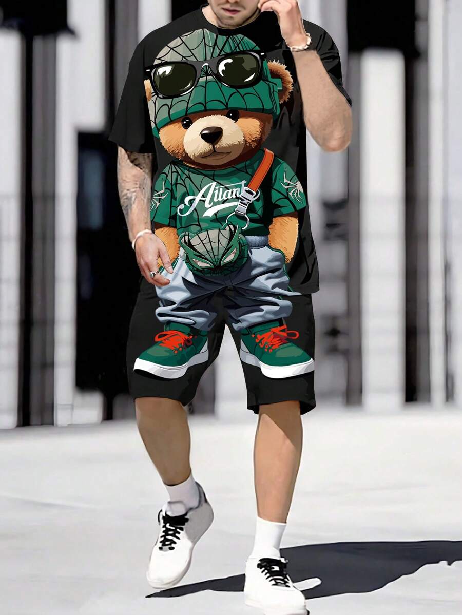 Manfinity Homme Ensemble décontracté avec t-shirt à manches courtes à col rond et short avec imprimé de dessin animé pour homme