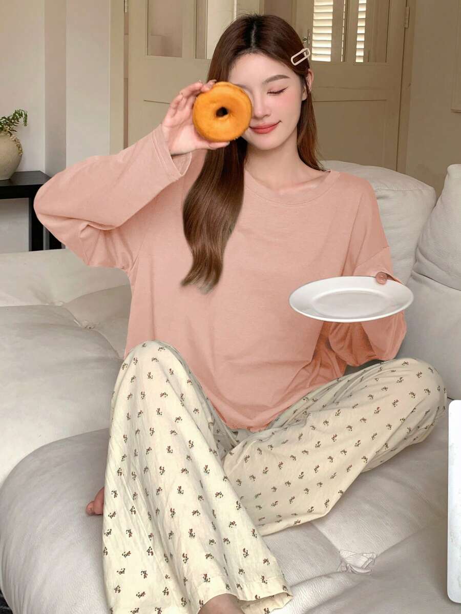 DAZY 2 piezas Conjunto de ropa de dormir con top holgado con estampado de flores diminutas y pantalón de pijama