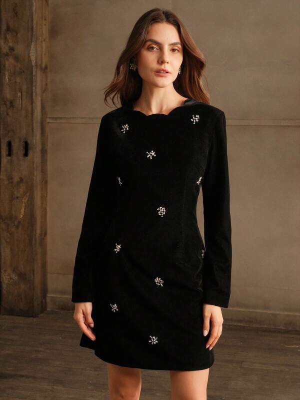 Anewsta Vintage French Elegant Petal Collar Velvet Long Sleeve Rhinestone Embellished Dress Corduroy Women Outfit