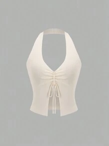Sweetra Women Plain Simplistic Halter Neck Knitted Top For Everyday Wear - Yellow - View 1