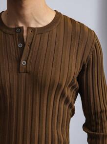 Manfinity Homme Jersey de manga larga con cuello redondo y botones frontales de unicolor para hombre - Café integral - Ver 3