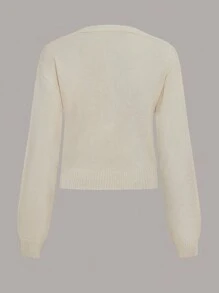 SHEIN Unity Cárdigan de manga larga con cuello en V, abotonado delantero y aplicación floral para mujer - Beis - Ver 2