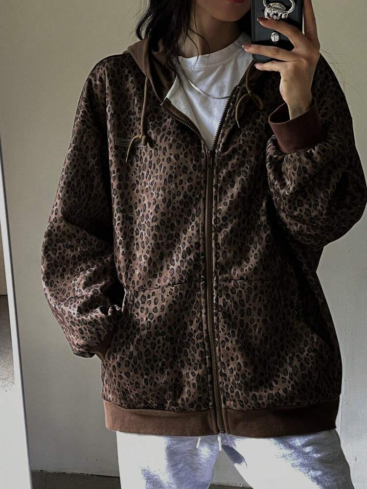 Women Leopard Print Knitted Hooded Cardigan Cheetah Print Women Jacket,Fall Women Clothes Women Coats