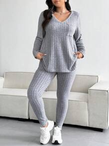 Calvaya Plus Size Casual Textured Stripe V-hals Top En Broek, Dagelijkse Vrijetijdskleding