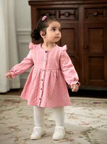 Cozy Pixies Baby Girl Wheat Ear Pattern Round Neck Ruffle Hem Long Sleeve Waist Dress - Pink - View 1