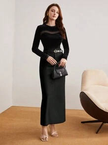 BizChic Women's Solid Color Elegant Long Skirt With Back Slit, Minimalist Stylish Skirt For Office Commute, Basic Business Casual Outfit For Women Teachers - Black - View 2