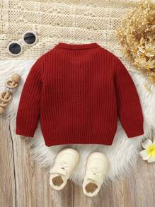 SHEIN Sweater Bayi Laki-laki Warna Polos Kerah Bulat Lengan Panjang untuk Musim Gugur - Burgundy - View 2