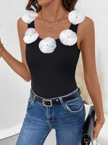 Calvaya Top de tirantes elegante y estilizado de verano para mujer con decoración floral 3D