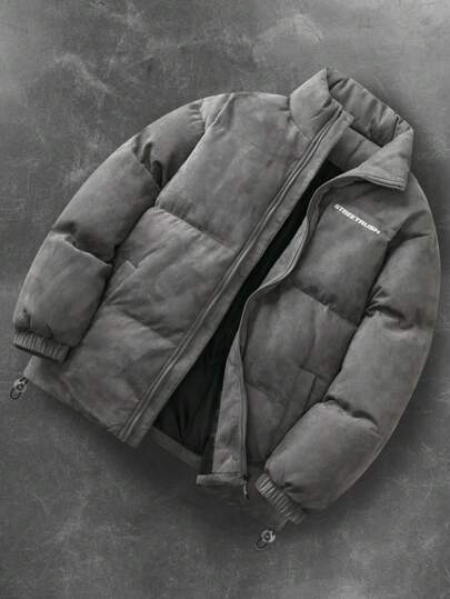 PAVTROS Manfinity Streetrush Men's Simple Letter Print Front Zip Long Sleeve Casual Fall Winter Coat, Solid Color Warm Going Out Letter Grey Winter Coat, For Friends, Husband, Boyfriend Gifts