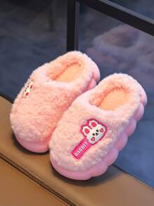 1 双儿童兔子毛绒平底拖鞋，可爱儿童家居拖鞋，适合冬季 - 粉色 - 查看 4