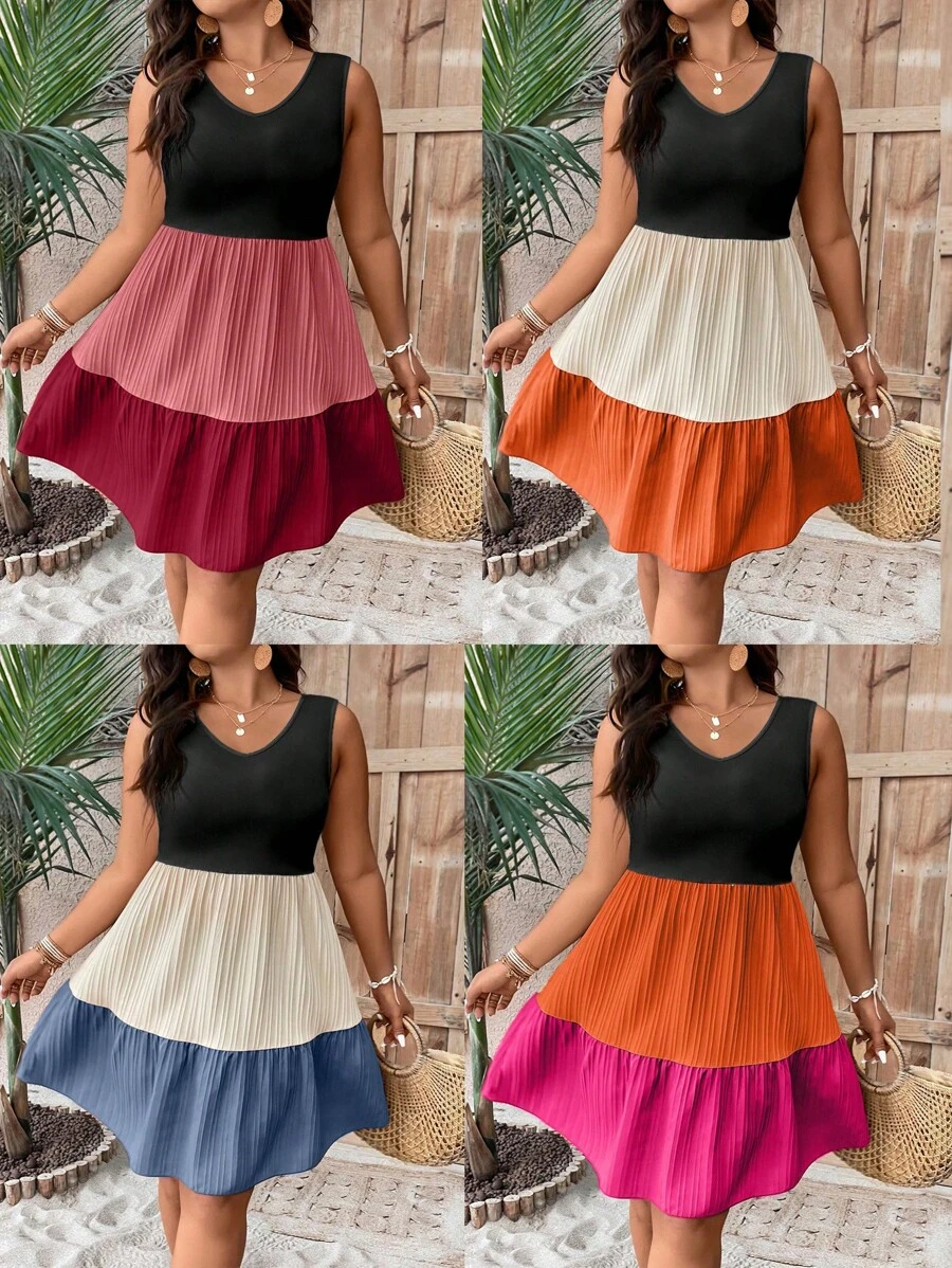 SHEIN LUNE Plus Size Solid Color Patchwork V-Neck Sleeveless Simple Ruched Short Casual Dress