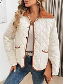 SHEIN LUNE Women's Autumn Winter White And Brown Hooded Padded Coat,Corduroy Collar Button Closure Color Blocking Quilted Diamond Pattern Casual Occasion Jacket - White - View 5