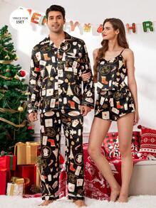 CoupledUp Regalos de Navidad para la pareja, conjunto de pijama de satén estampado para hombres - Negro - Ver 2