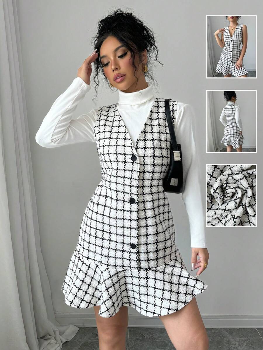 Chiquease Váy ngắn không tay viền bèo nhún kẻ caro cho nữ, không bao gồm áo phông - Đen và trắng - Xem 1