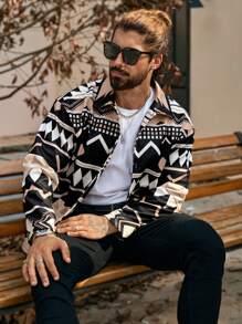 Manfinity Homme Men's Geometric Print Button Front Long Sleeve Jacket, Winter Men Jacket, Fall Casual Jacket - Multicolor - View 5