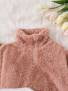 SHEIN 3pcs Set Young Girl Plain Fleece Casual Stand Collar Half-Zip Cropped Sweatshirt, Double-Sided Fleece, Warm,In Fall/Winter - Multicolor - View 3