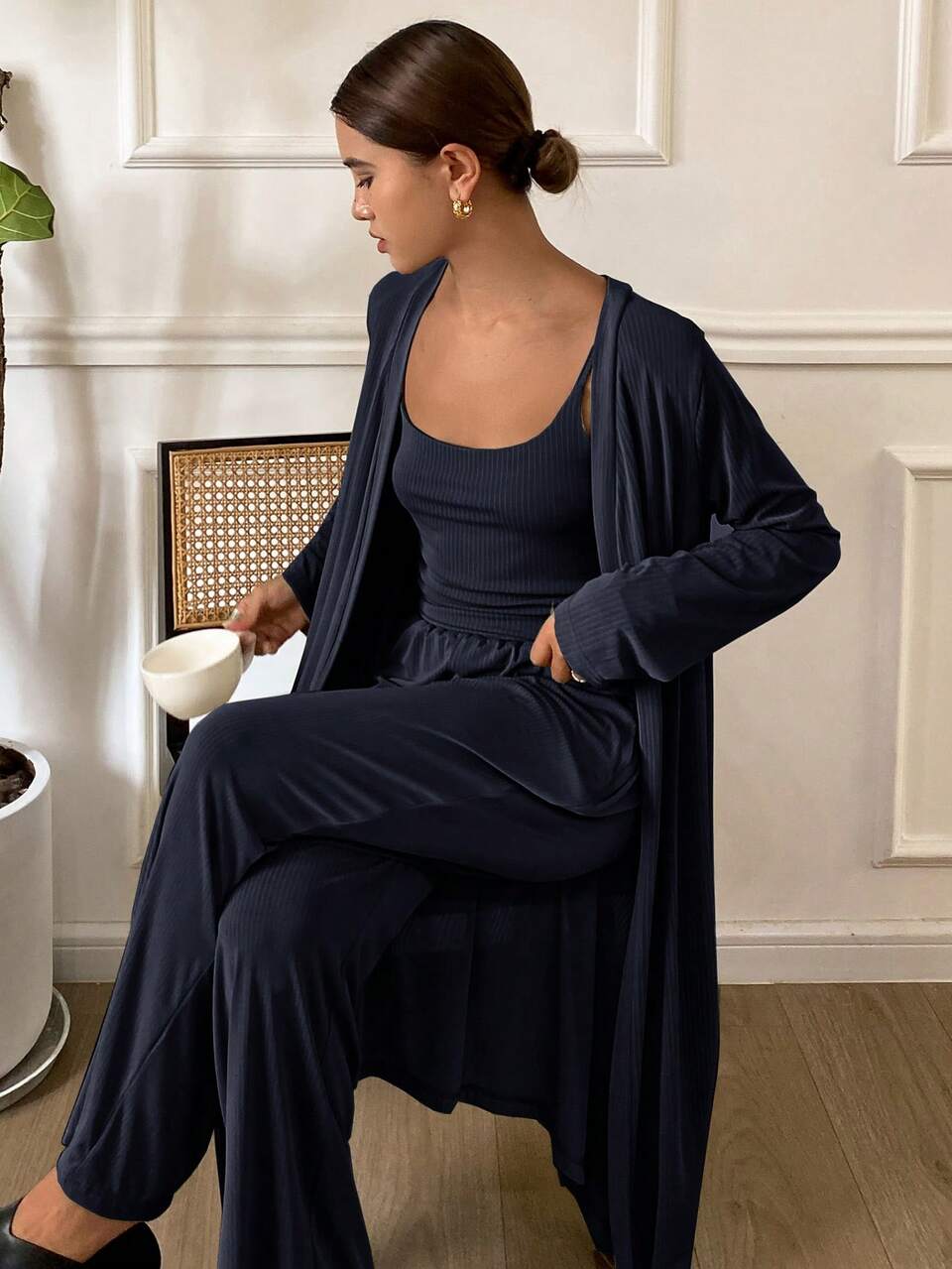 3pcs Minimalist Camisole Top & Robe & Pants Loungewear Set, Fall Winter Clothes, Cozy Outfit
