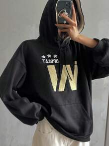 DAZY Women's Thickened Thermal Lined Loose Sweatshirt With Letter Embroidery Pattern, Thermal Lined Fall, Winter Pajama Thermal Lined - Black - View 2