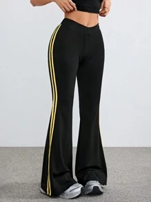 SHEIN EZwear 条纹带侧喇叭裤 - 黑色 - 查看 5