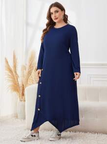Mulvari Plus Size Solid Color Round Neck Asymmetrical Hem Long Sleeve Midi Dress Fall Cloth For Women