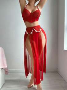 3pcs Set: Vintage Pearl Fishbone Split Cropped Top + Mini Skirt + Thong Panty