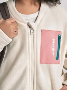 SHEIN Young Girls Color-Block Fluffy Brushed Fleece Letter Print Casual Jacket, Fashionable Street Style - Apricot - View 6