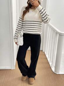 SHEIN Frenchy Suéter casual de cuello de tripulación a rayas con mangas raglán para mujeres, otoño e invierno