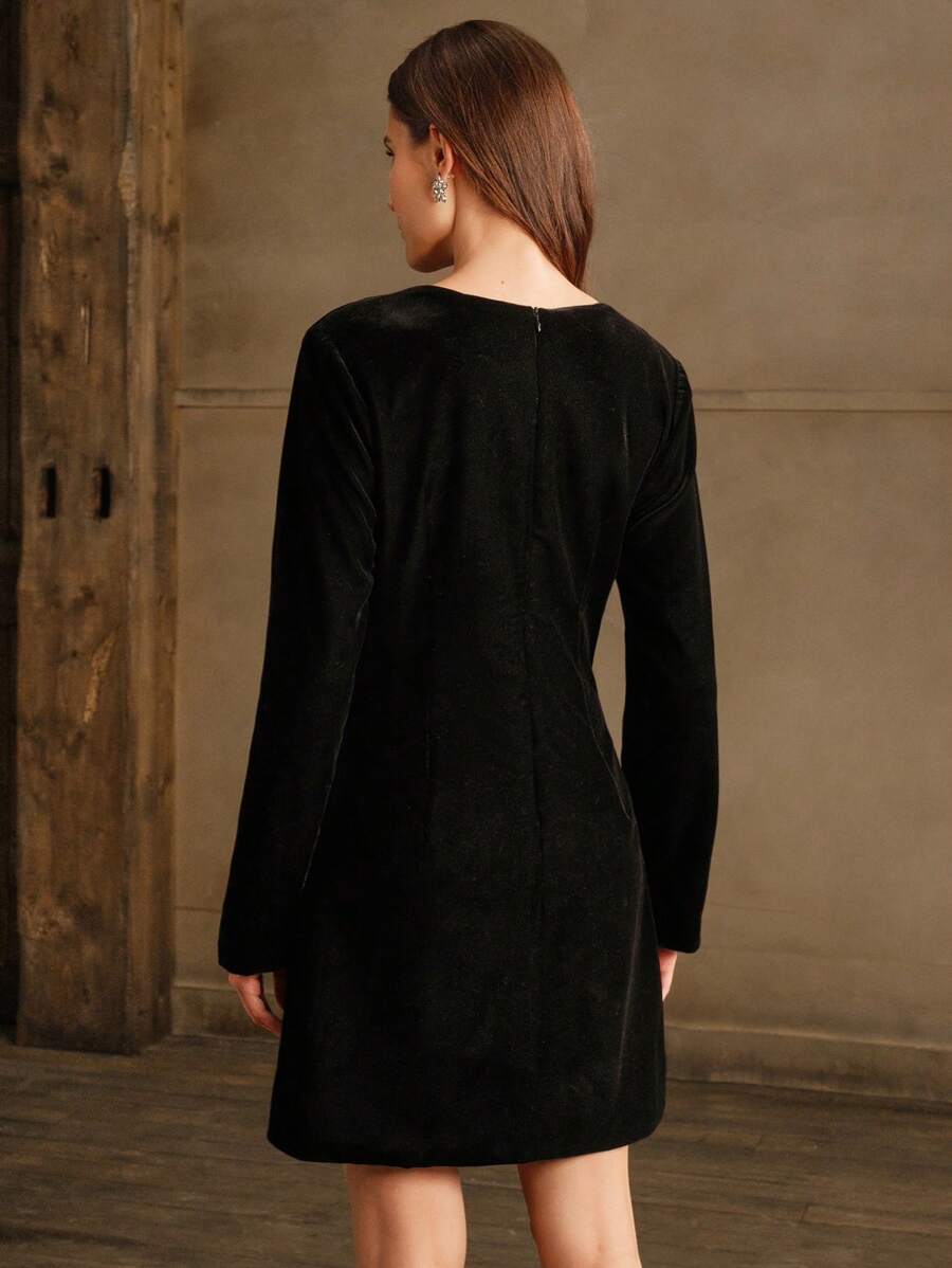 Anewsta Robe de cordon vintage fran?�aise ?�l?�gante orn?�e de cristaux, avec col ?� p?�tales, manches 