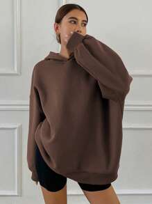 DAZY Áo nỉ có mũ, màu trơn, dáng rộng, thích hợp mặc mùa thu, áo hoodie giữ nhiệt. - Cà phê nâu - Xem 7