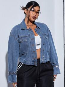 SHEIN ICON Áo khoác denim giản dị đơn giản tay dài cài nút phía trước cỡ lớn - Màu xanh lam - Xem 3