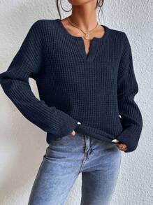 SHEIN Frenchy 秋冬款缺口领落肩毛衣、长袖上衣 - 寶藍色 - 查看 3