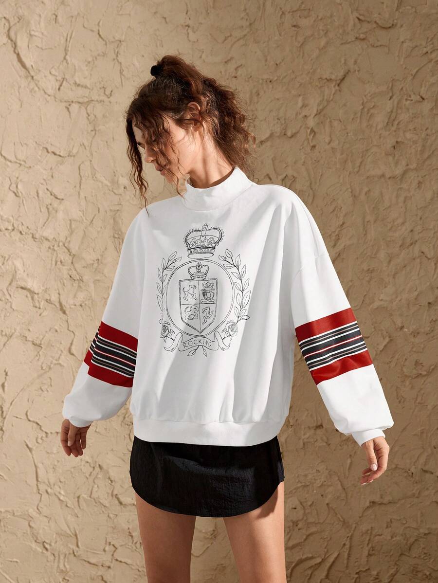 Menodora SHEIN Sport Sweatshirt High Collar Long Sleeves Loose Casual Striped Print Women Sports Sweatshirts - White - View 1