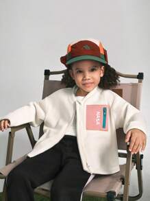 SHEIN Young Girls Color-Block Fluffy Brushed Fleece Letter Print Casual Jacket, Fashionable Street Style - Apricot - View 7