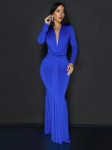 Women's Solid Color Deep V-Neck Twist Design Long Sleeve Cocktail Party Dress Wedding Guest Dress Spring - Royal Blue - View 7